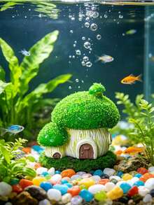 4件套创意绿色毛绒蘑菇屋迷你装饰品，水族箱绿色植物装饰，水族箱蘑菇屋景观，仙女苔藓屋迷你装饰，树脂桌面摆件，植物景观屋，水族箱DIY装饰工艺品，迷你仙女屋，室内装饰，水族箱配件，适用于爬行动物、乌龟、斗鱼、金鱼和两栖动物 - A - 查看 4