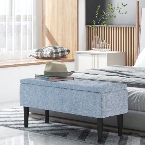 Storage Bench, Bed Bench, Upholstered Bench With Hinged Lid, Chest Bench, For Living Room, Bedroom, Blue, 95 X 38 X 45 Cm - 藍色 - 查看 1