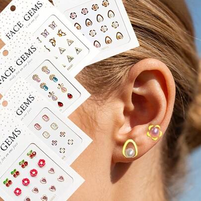 16pcs/32pcs Personalized Ear Decorative Stickers, Floral, Butterfly, Water Drop Colorful Acrylic Ear Stickers, Minimalist Elegant Design, Versatile For Daily Wear, Valentine's Day, Party, Can Be Used To Decorate Face, Nails, Forehead, Ears, Phone Cases, Notebooks, Gifts