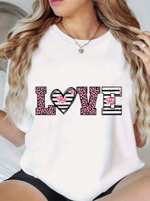 Camisetas de moda de algodón de talla grande para mujer 2026 con estampado de letras LOVE, cómodas y elegantes, de manga corta, cuello redondo, para uso diario, suaves y sencillas para el día a día. - Blanco - Ver 7