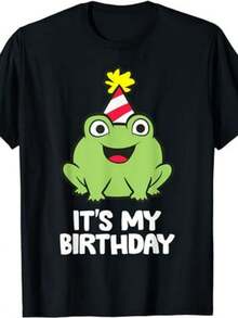 Camiseta de Cumpleaños con Rana Anfibio Linda. Unisex, Verano 2025, Manga Corta, Estampada, Algodón Puro 220g. - Negro - Ver 1