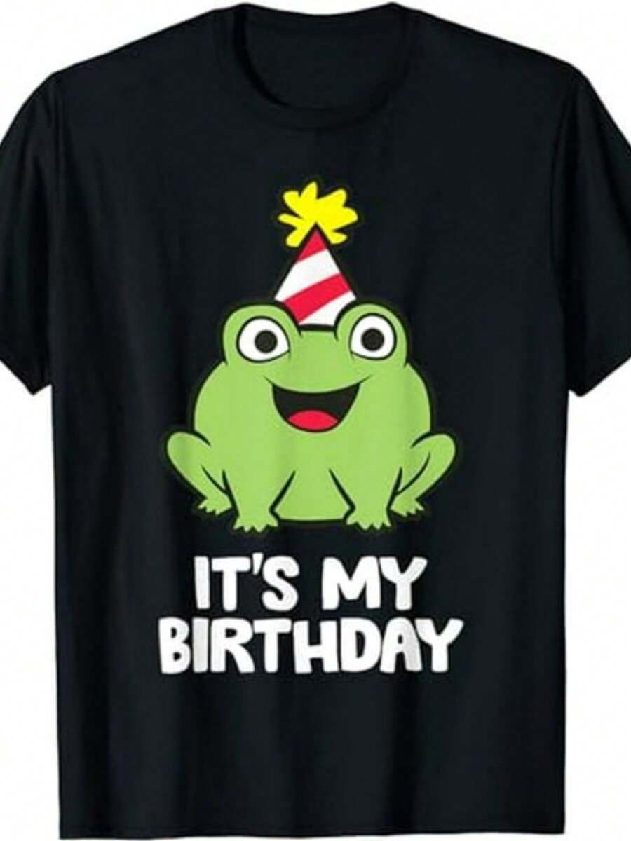 Camiseta de Cumpleaños con Rana Anfibio Linda. Unisex, Verano 2025, Manga Corta, Estampada, Algodón Puro 220g. - Negro - Ver 1