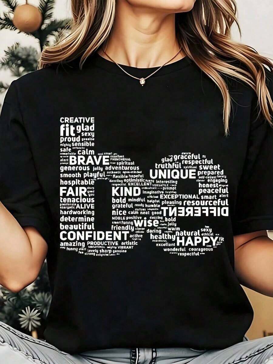 Camiseta de Cuello Redondo para Mujer con Frases Inspiradoras y Positivas Impresas, Ropa Casual para Uso Diario en el Trabajo, la Escuela o el Hogar, Perfecta para el Día Internacional de la Mujer. - Negro - Ver 1