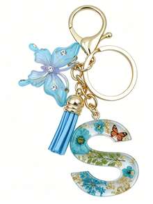 1pc Initial Letter Dried Flower Resin Keychain, Blue Daisy Pendant Keyring, Girl Bag Charm Accessory Gift - Baby Blue - View 9