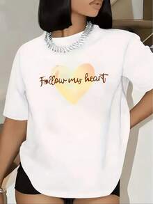 Camiseta casual de manga corta para mujer con diseño de corazón, perfecta para descansar en casa, pasar el rato en una cafetería o para salidas informales al aire libre. Es ligero, duradero, de color negro y se ajusta cómodamente. Para mujeres - Blanco - Ver 7
