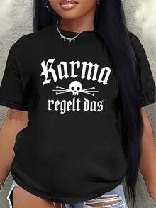 Camiseta de manga corta, decorada con el diseño de calavera KARMA Regelt Das, ligera y resistente, adecuada para uso casual en casa, en cafeterías o para actividades al aire libre. - Negro - Ver 1