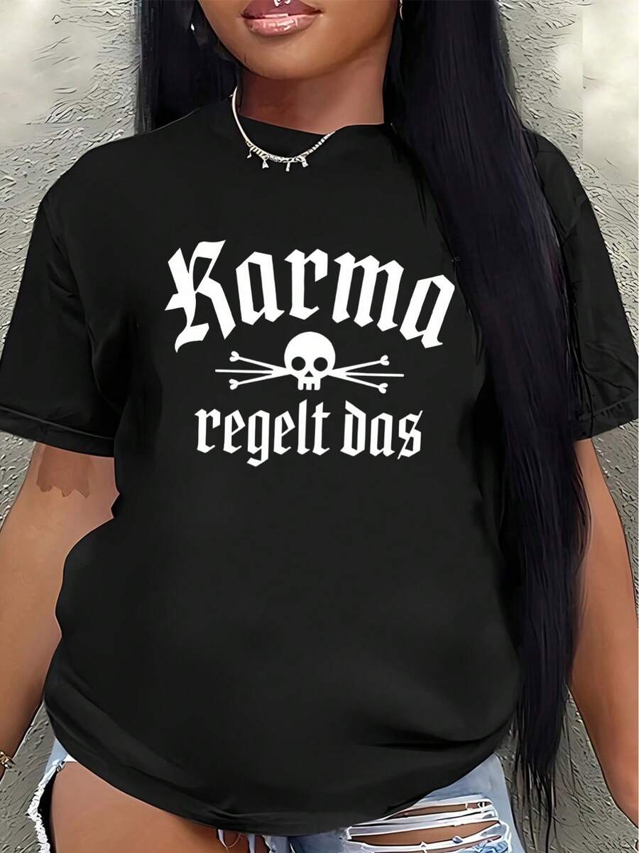 Camiseta de manga corta, decorada con el diseño de calavera KARMA Regelt Das, ligera y resistente, adecuada para uso casual en casa, en cafeterías o para actividades al aire libre. - Negro - Ver 1