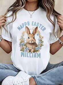 Camiseta Personalizada con Estampado Floral de Conejo de Pascua, Feliz Pascua, William, Regalo de Celebración de Vacaciones de Primavera para Mujeres y Hombres, Ropa Casual Unisex, Estilo Urbano Vintage, Camiseta Unisex de Manga Corta, Cuello Redondo, Algodón 100% - Blanco - Ver 1