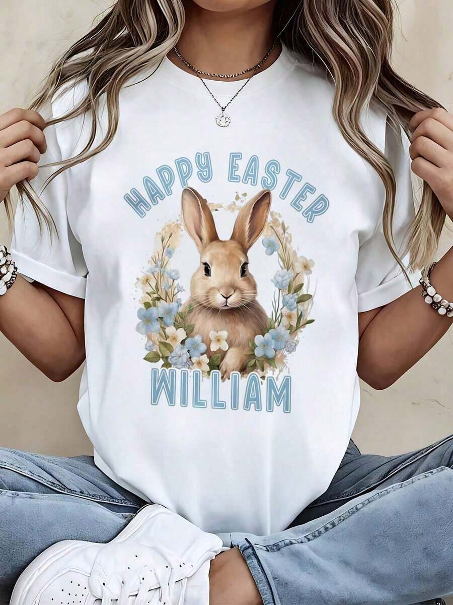 Camiseta Personalizada con Estampado Floral de Conejo de Pascua, Feliz Pascua, William, Regalo de Celebración de Vacaciones de Primavera para Mujeres y Hombres, Ropa Casual Unisex, Estilo Urbano Vintage, Camiseta Unisex de Manga Corta, Cuello Redondo, Algodón 100% - Blanco - Ver 1