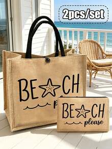 「Beach Please」帆布托特包與拉鍊收納袋套組，星星與波浪圖案帆布海灘包附拉鍊收納袋，女款可重複使用大容量海灘包，可裝毛巾、防曬乳與日常用品，小收納袋可裝化妝品與貴重物品 - 彩色 - 查看 12