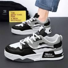 1 Pair Men's Lace-Up Letter Pattern PU Flat Skate Shoes, Wear-Resistant Outdoor Sports Shoes - Black - View 4