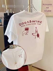 Camiseta de Mujer con Estampado de Doble Cara - Diseño de Perro, Vino y Letras, Regalo para Amantes de Perros, Corte Regular, Cuello Redondo, Uso en Todas las Temporadas, Ropa de Mujer - Negro - Ver 1