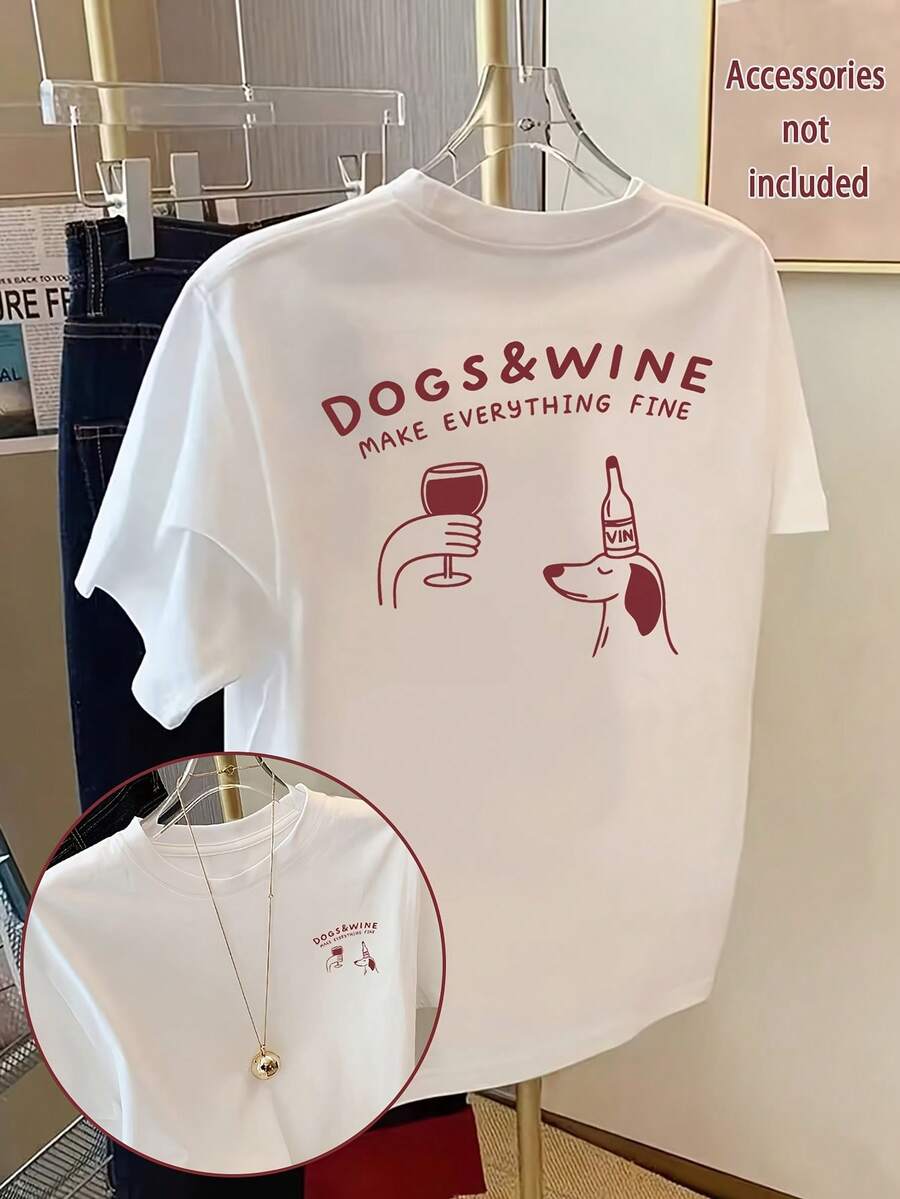 Camiseta de Mujer con Estampado de Doble Cara - Diseño de Perro, Vino y Letras, Regalo para Amantes de Perros, Corte Regular, Cuello Redondo, Uso en Todas las Temporadas, Ropa de Mujer - Negro - Ver 1