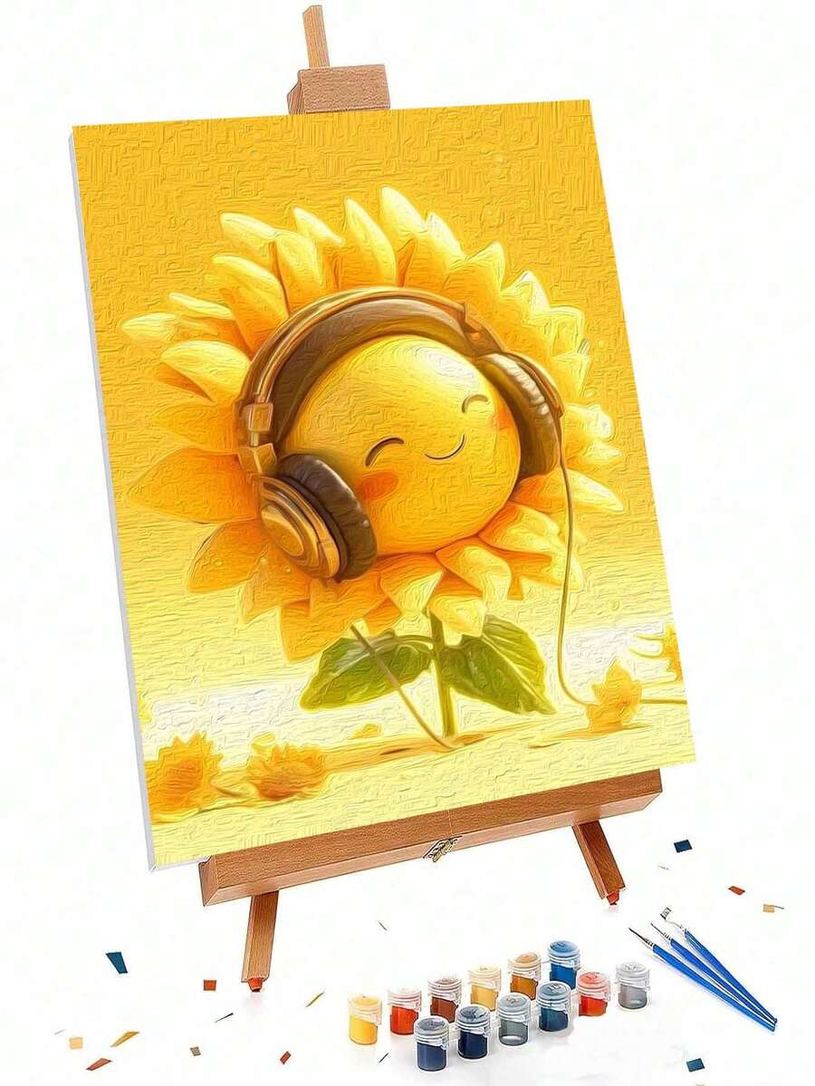 40x50cm/16x20in Smiling Sunflower Wearing Headphones DIY Digital Oil Painting Handmade Craft Adult Home Decor Holiday Gift - Sets - View 1