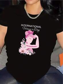 Camiseta Casual con Estampado del Día Internacional de la Mujer - Diseño Floral de Manga Corta para Primavera/Verano para Mujeres - Negro - Ver 1