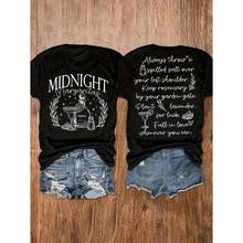 Camiseta casual de manga corta y cuello redondo con estampado gráfico, perfecta para verano y primavera, diseñada para mujer - Negro - Ver 8