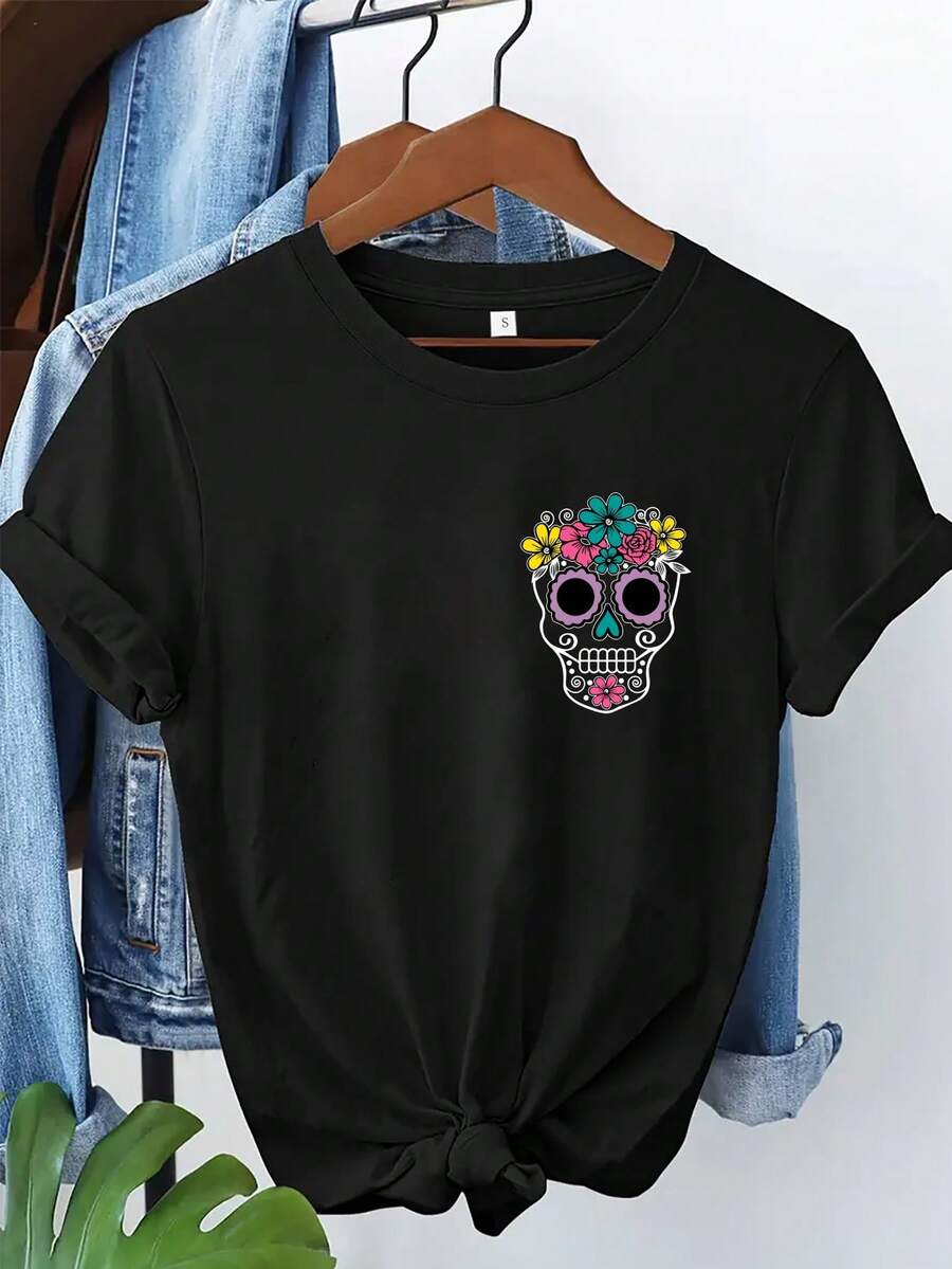 Camiseta Mexicana del Día de Muertos de Diseño Simple y Versátil - Calavera de Azúcar con Patrón Floral Brillante, Camiseta Casual Holgada de Manga Corta de Algodón para Primavera/Verano - Negro - Ver 1