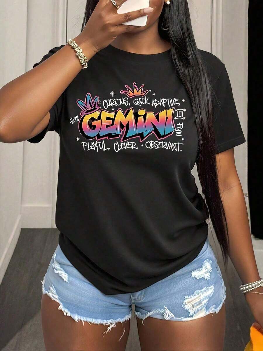 Conjuntos de verano para mujer: Camiseta de cuello redondo con estampado del signo zodiacal Géminis, curiosa, rápida, adaptable, juguetona, inteligente y observadora, de manga corta, ropa casual para el día a día, top de moda de verano. - Negro - Ver 1