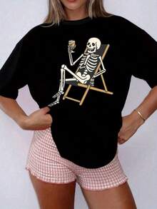 Camiseta casual de talla grande premium con estampado de calaveras y copas, top casual de manga corta y cuello redondo, ropa de mujer para verano y primavera, ecológica. - Negro - Ver 7