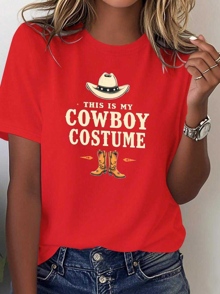 Camiseta cómoda de color sólido para mujer, con un diseño de ropa de mezclilla, complementada con un sombrero y botas. - Rojo - Ver 1