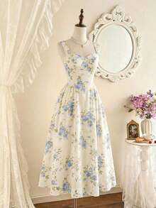 Vestido elegante vintage de mujer con bolsillos, vestido con estampado de rosas de flores pequeñas, cuello en forma de corazón, vestido casual para fiestas y vacaciones, vestidos de verano para mujer, atuendos de vacaciones de verano, atuendos de primavera para mujer, vestidos de primavera para mujer, atuendos de primavera para vacaciones, ropa de primavera para mujer, vestidos elegantes para fiestas, vestidos elegantes para fiestas para mujer, vestido de invitada de boda, vestido de fiesta de boda, vestido de graduación, vestidos elegantes para ceremonias, vestidos elegantes para mujer, vestido formal - Blanco - Ver 3