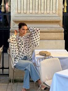 Fashionable Women's Shirt – Elegant And Casual – Sky Blue Polka Dot Print – Bow Tie, Lantern Sleeves, Loose Fit, Pleated And Semi-Sheer – Perfect For Summer - 彩色 - 查看 4