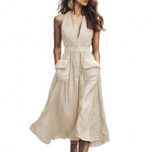Vestido Liso de Verano para Mujer Cuello en V, Vestido Maxi Casual Sin Mangas Cintura Alta Estilo Francés Vacacional - Caqui - Ver 5
