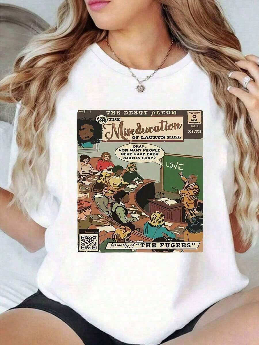 Women's Casual One-Piece T-Shirt, Lauryn Hill Miseducation Graphic Print, 100% Cotton, Crew Neck, Vintage Comic Book Style, Casual Cotton T-Shirts For Everyday Wear - 白色 - 查看 1