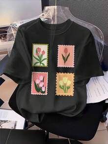Camiseta de mujer, 100% algodón, estilo vintage, estampado de tulipanes, casual, cuello redondo, manga corta, tops de primavera/verano para mujer. - Negro - Ver 1
