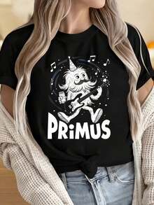 Men's And Women's Crew Neck Short-Sleeved T-Shirts. Primus Band T-Shirt Featuring A Monkey With A Guitar And A Party Hat With Musical Notes For Primus Rock Band Fans. Fun Prints Ideal For Christmas Parties, Sporting Events, Holiday Parties, Outings, Sports, And Other Festive Gifts. - 黑色 - 查看 4