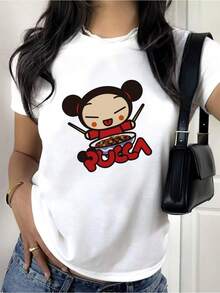 Camiseta de mujer con dibujos animados pucca mu? eca blanca camiseta de manga corta patrón floral versión convencional camiseta pro piel transpirable, suave y cómoda tela cómoda adecuada para cuatro estaciones con blusa casual de cuello redondo adecuada para el uso diario - Negro - Ver 1