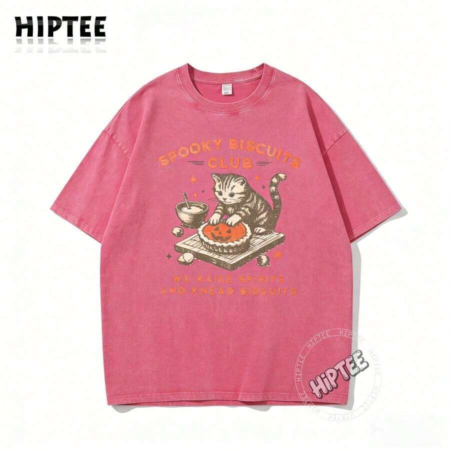 [100% Cotton] Halloween T-Shirt With Tabby Cat And Pumpkin Pie Design - Spooky Cookie Club T-Shirt For The Halloween Season, Cute Casual Short-Sleeve Crew Neck T-Shirts For Spring/Summer/Autumn - Unisex Clothing For Women And Men For Everyday Wear At Festivals. - 粉色 - 查看 1
