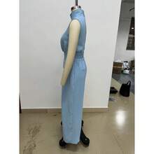 Conjunto Primavera Blusa Sin Mangas Mezcla Algodón Lino Sólida Elegante para Mujer + Pantalones Anchos - azul cielo - Ver 3