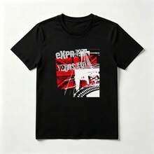 Gráfico Urbano Playera de Algodón Negro con Diseño de Gráfico Rojo y Blanco - Negro - Ver 1