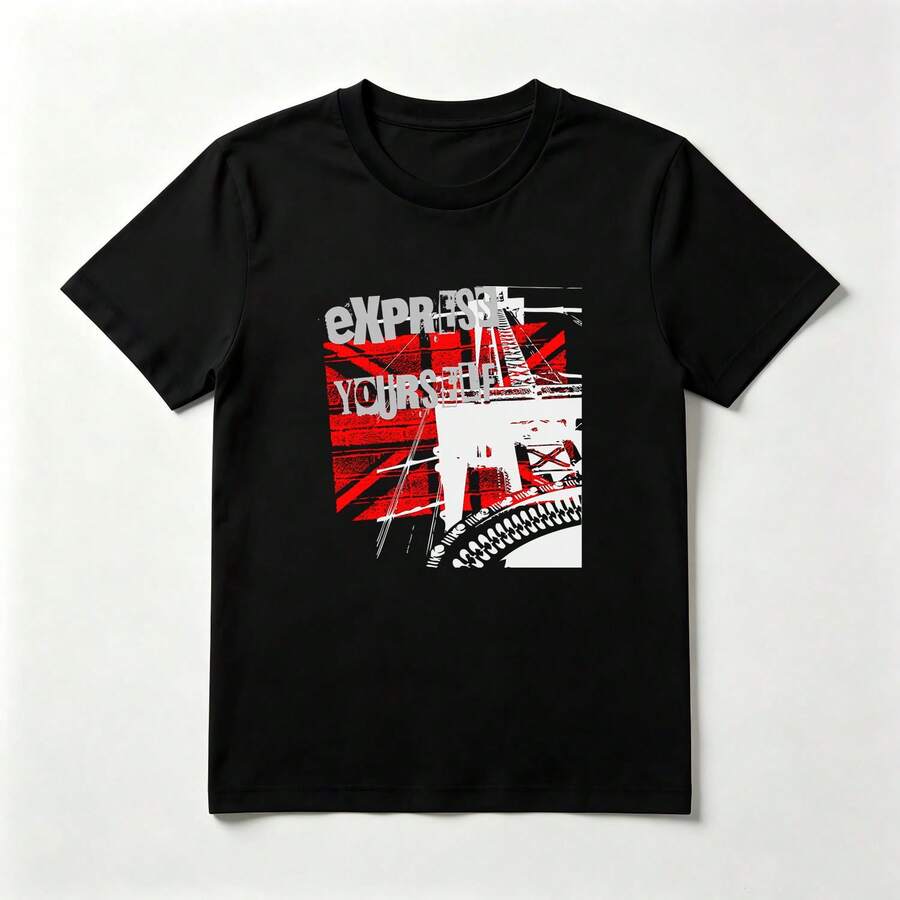 Gráfico Urbano Playera de Algodón Negro con Diseño de Gráfico Rojo y Blanco - Negro - Ver 1