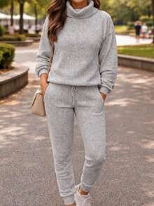 Set Of Pants And Turtleneck Sweater In Mousse Knit Fabric. - Gray With Cuff - View 2