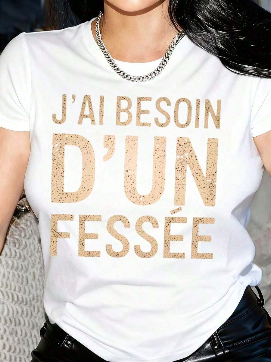 Camiseta Casual de Mujer con Estampado Tipográfico Francés Vintage - Camiseta de Manga Corta con Cuello Redondo y Patrón Geométrico Beige, Camiseta Casual para Uso en Todas las Temporadas, Lavable a Máquina, Camisa de Ajuste Cómodo. - Blanco - Ver 1