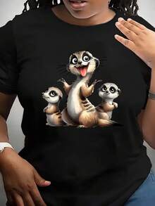 Blusa Elegante de Fiesta para Mujer con Estampado de Familia de Tres Animales de Dibujos Animados, Corte Holgado, Ajustado, Elástico, Cuello Redondo, Manga Corta - Negro - Ver 1