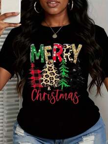 Camiseta Blanca de Mujer con Estampado de Árbol de Navidad y Cuadros de Leopardo - Camiseta Gráfica Festiva para las Fiestas - Estilo Vintage Urbano Unisex - Camiseta de Manga Corta de Algodón Suelto con Cuello Redondo - 100% algodón - Negro - Ver 3