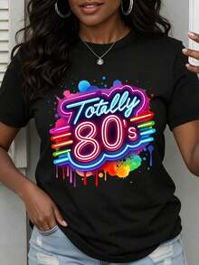 Camiseta Retro Estilo Neón de los 80 para Mujer, Top Casual de Moda, Camiseta Gráfica de Inspiración Vintage - Estilo Urbano Vintage, Unisex, de Algodón, Manga Corta, Cuello Redondo, 100% Algodón - Negro - Ver 7