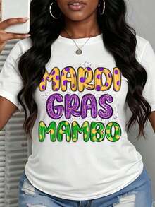 Women's Casual Short Sleeve Crew Neck T-Shirt With Fun Print, Mardi Gras Mambo Design, 100% Cotton, Ideal For Party And Festival Gifts - Unisex Urban Vintage Style, Loose Fit Short Sleeve Crew Neck T-Shirt, 100% Cotton - 白色 - 查看 6