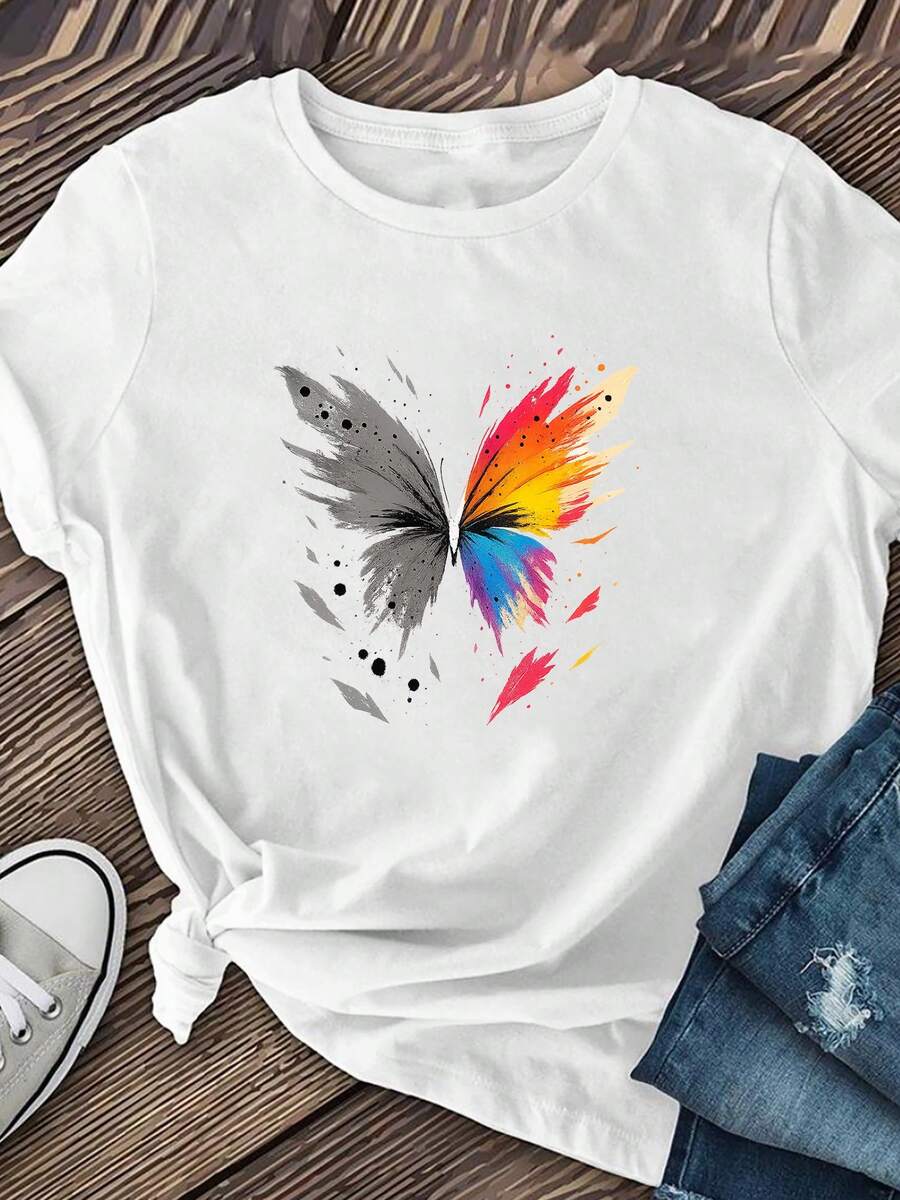 Camiseta de mujer con estampado de "Mariposa de cinco colores", de manga corta, adecuada para el uso diario, suave y transpirable, de elasticidad media, lavable a máquina, top de manga corta, perfecta para la moda de verano, camiseta casual de manga corta, camiseta de mujer casual de manga corta con cuello redondo y estampado. - Blanco - Ver 1