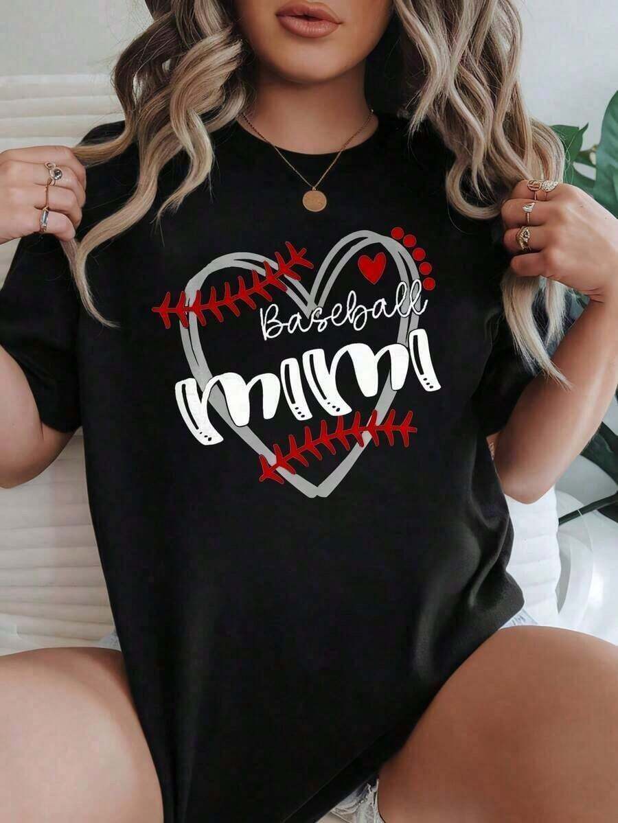 Camiseta de mujer casual de cuello redondo y manga corta, opciones en blanco, con estampado gráfico de corazón "Baseball Mom", camisetas gráficas de verano para mujer, camisetas lindas para atuendos diarios, camisetas gráficas de verano, atuendos de verano para mujer, camisetas gráficas, tops cortos para mujer, tops para mujer, ropa vintage de algodón, ropa linda para mujer, camiseta de cuello redondo para mujer, playeras de mujer. - Negro - Ver 1