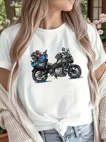 Camiseta de manga corta ligera y duradera, con estampado gráfico de motocicleta, perfecta para salidas informales en casa o en cafeterías, diseñada para la comodidad diaria con un diseño llamativo y material suave. Camiseta de algodón familiar coordinada. - Negro - Ver 7