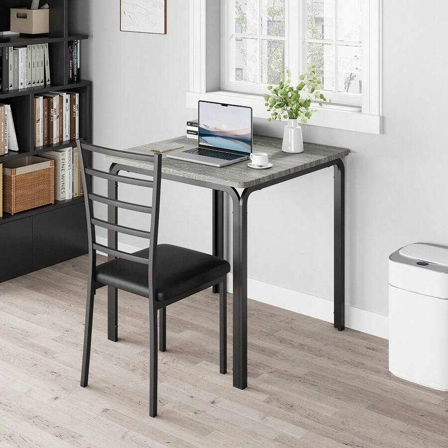 3 Piece Dining Table Set with 2 Chairs, Space Saving Rectangular Kitchen Table with MDF Top and Metal Frame, Compact Breakfast Nook Set for Apartment Dining Room, Gray Retro Black - GRAU - Übersicht 1