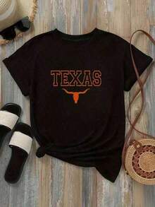 ComfortableCamiseta de Mujer Oversized con Estampado Gráfico de Texas Longhorns, Ropa Casual Diaria, Camisetas Gráficas de Algodón para Mujer, Camisetas Blancas Divertidas, Camisetas Vintage, Ropa de Estilo Urbano, Camiseta de Algodón Cómoda con Cuello RedondoFashion All-match Women's Short Sleeve T-shirt, Basic Style for Inner & Outer Wear - Negro - Ver 3