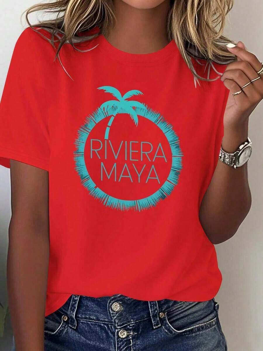 Comfortable, Lightweight Women's T-Shirt From The Mexican Riviera Maya Palm Tree Pure Label Brand, 100% Cotton, A Popular Choice. Short-Sleeved Women's T-Shirt, A Basic Style Suitable For Indoor And Outdoor Wear. - 紅色的 - 查看 1