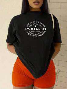 ComfortableTexto inspirador que expresa la fe en la protección divina y la fuerza interior recordando que bajo sus alas se encuentra refugio y paz ideal para transmitir esperanza y confianza en cada día camisetas de mujer 100% algodón cómodas y de alta calidadFashion All-match Women's Short Sleeve T-shirt, Basic Style for Inner & Outer Wear - Negro - Ver 3