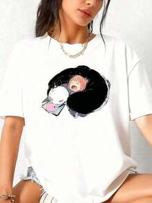 Cartoon Graphic Print T-Shirt, Harajuku Japanese Anime Style, Casual Short-Sleeve T-Shirt, Plus Size For Women - 100% Cotton. Suitable For Versatile Casual Wear In Spring, Summer, And Autumn. | Exquisite Design | Loose And Comfortable | Easy To Match | - 白色 3 - 查看 3