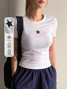 Camiseta de mujer con estampado de estrella de manga corta estilo Y2K - Blanco - Ver 1